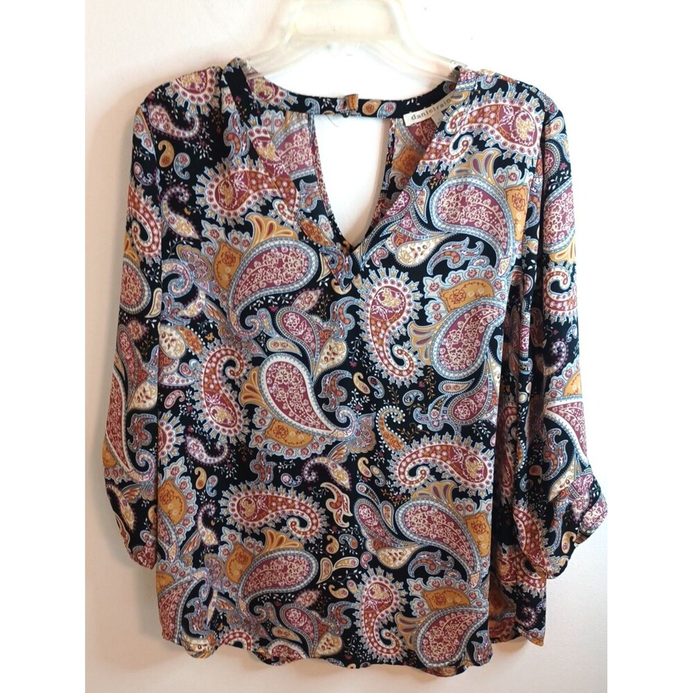 Daniel Rainn Pullover Tunic Top L Red Paisley Blouse Boho Peasant 3/4 Sleeves